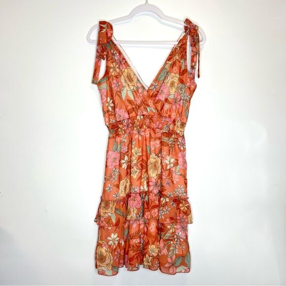 Altar’d State Floral Tiered Ruffle Tie Strap Dress Medium Orange - Picture 1 of 10